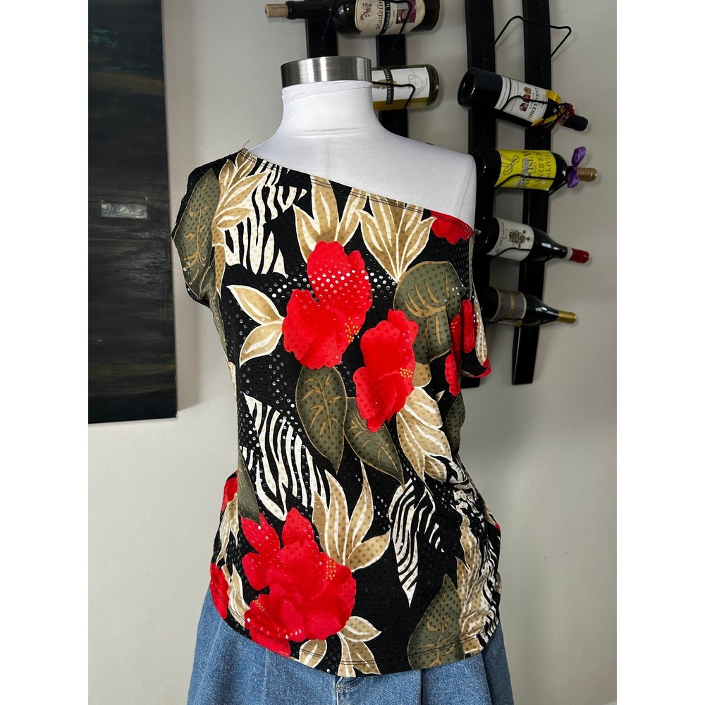 Jaipur Y2K Overzied Top XL Black Red Floral Zebra Print Sequin Blouse 2000s